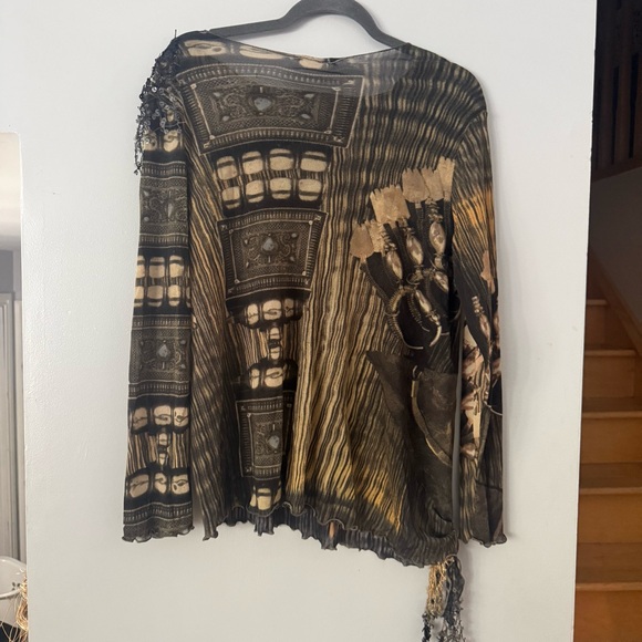 🇨🇦 Linda Lundstrom Artistic Dark Boho Mesh  Long Sleeve Top with Beaded Fringe - Picture 6 of 6